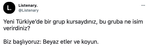Twitter’da ‘listenary’ adlı bir kullanıcı takipçilerine ‘Yeni Türkiye’de bir grup kursaydınız, bu gruba ne isim verirdiniz?’ diye sorunca ortaya birbirinden ironik ve mizah dolu yanıtlar çıktı. Buyrun birlikte bakalım: