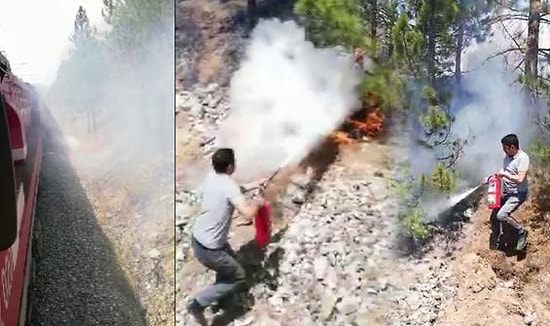 Sivas'tan Malatya'ya Giden Trenin Makinistleri Treni Durdurup Orman Yangınına Müdahale Ettiler