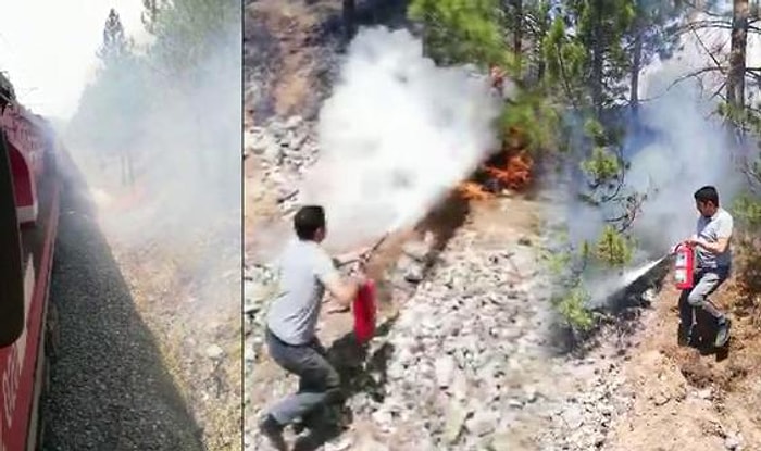 Sivas'tan Malatya'ya Giden Trenin Makinistleri Treni Durdurup Orman Yangınına Müdahale Ettiler