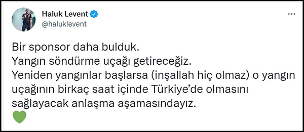 Levent, kısa süre önce yaptığı paylaşımda "Bir sponsor daha bulduk. Yangın söndürme uçağı getireceğiz" dedi. 👇