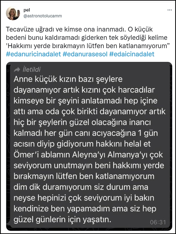 İddiaya göre ailesine bir veda mesajı bırakan Eda Nur, dün intihar etti. İddialarla ilgili sosyal medyada yapılan paylaşımlardan bazıları. 👇