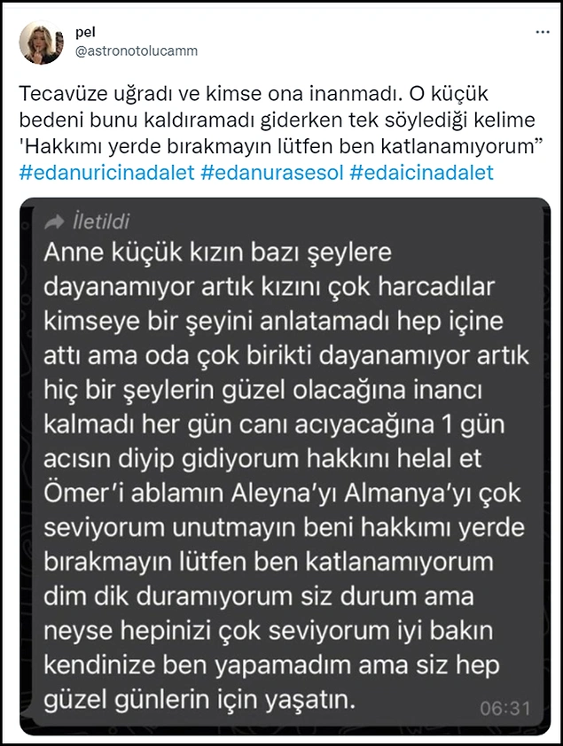 İddiaya göre ailesine bir veda mesajı bırakan Eda Nur, dün intihar etti. İddialarla ilgili sosyal medyada yapılan paylaşımlardan bazıları. 👇