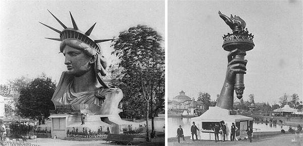 9. Özgürlük Anıtı 1878 Paris Dünya Fuarı'nda tamamen birleştirilmeden ve Amerika Birleşik Devletleri'ne sevk edilmeden önce.
