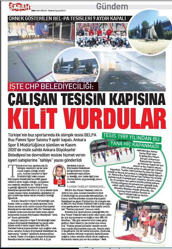 Haberde BELPA Buz Pateni Spor Salonu'nun 9 aydır kapalı olduğu ve Ankara Büyükşehir Belediyesi'ne (ABB) devredilen tesislerdeki esnafa "tahliye" yazısı gönderildiğini belirtti.