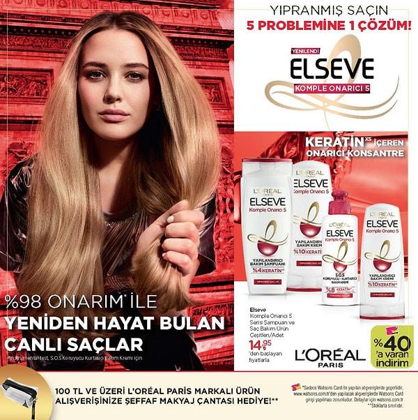 L'Oréal Paris Elseve Saç Kremi Komple Onarıcı 5 serisi şampuan ve saç kremleri 14,95'den başlayan fiyatlarla.
