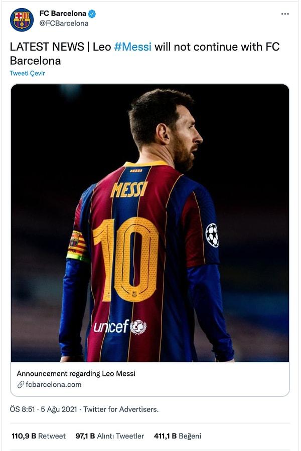Messi'nin veda toplantısında söylediği şeylerden anladığımız üzere 5 Ağustos'ta Barcelona bu tweeti atana kadar hepimiz gibi Messi de Barcelona'da kaldığını sanıyormuş.