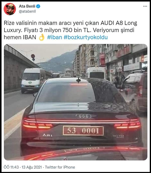 Cüneyt Özdemir'in bahsettiği ve Rize valisinin bindiği iddia edilen ve fiyatının da 3 milyon 750 bin TL olduğu söylenen Audi A8 marka araç: 👇