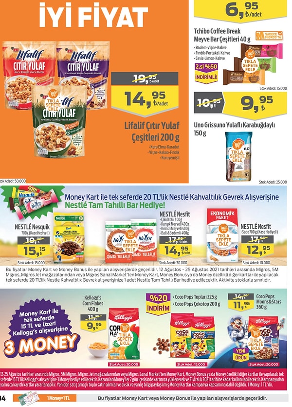 Money Kart ile tek seferde yapacağınız 20 TL'lik Nestle kahvaltılık gevrek alışverişlerinizde Nestle Tam Tahıllı Bar hediye.