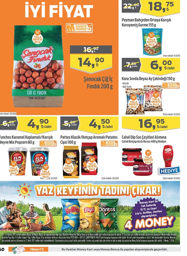 Money Kart ile tek seferde yapacağınız 15 TL ve üzeri Lay's, Ruffles, Doritos alışverişlerinizde 4 Money Puan hediyeli.