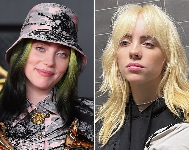 3. Doğal sarışın olmasına rağmen popüler olduğu dönemde farklı farklı saç renklerini deneyen Billie Eilish'in platin saçları büyük olay oldu.