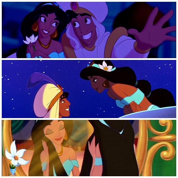 42. 'Aladdin' filminde Prenses Yasemin, Aladdin'in ona verdiği çiçeği saklıyor.
