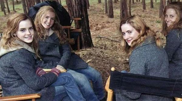 22. 'Harry Potter' serisinin çekim arasında Hermione'yi canlandıran Emma Watson, 3 dublörüyle beraber sohbet ediyor.