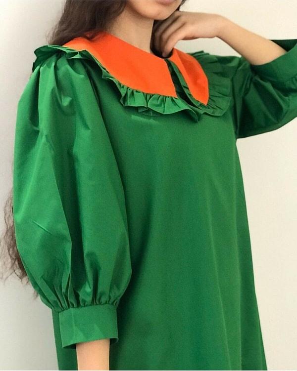 6. Fırfırlı yakası olan vintage kıyafet arıyorsanız, yeşil elbise size göre olabilir...