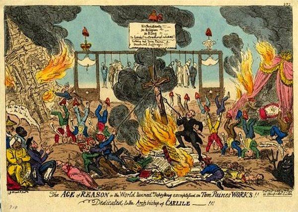 3. Kiliseler, haçlar ve tahtlar yakılıyor. Doğulu halklar köşede sevinçle izliyor. Bu arada devrimci yazar Thomas Paine de var karikatürde, o da ateşe haç atanlar arasında.