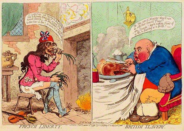 5. Solda "Özgür Fransız" sağda ise 'Köle Britanyalı' var. Yani devrim sayesinde özgürleşen Fransız aç ve çıplakken onların köle olarak itham ettiği İngiliz et yiyebiliyor.