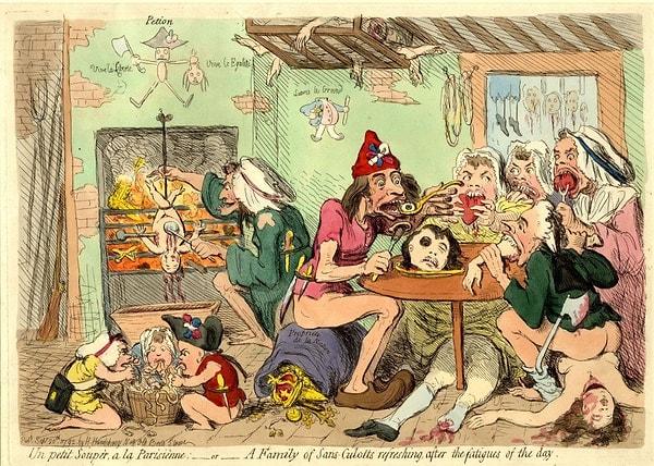 8. Devrimciler tarafından yaklaşık 1200 mahkumun öldürülmesi ile sonuçlanan Eylül Katliamı'nın ardından çizilen karikatürde Fransız baldırı çıplakları insan eti yiyor.