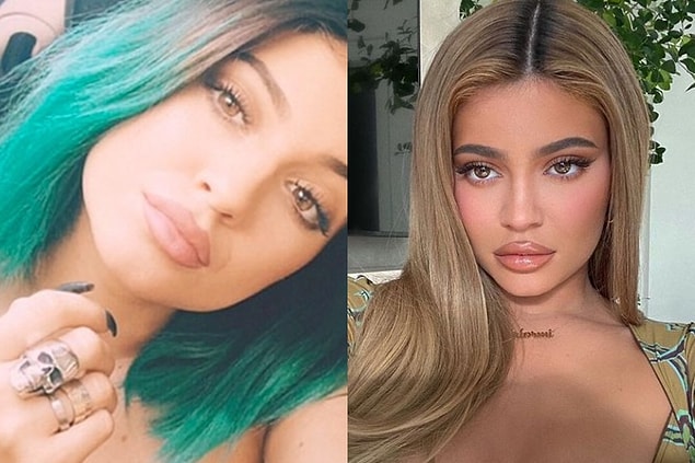 6. Kylie Jenner 15 yaşındayken saçlarının uçlarını maviye boyayan, sadece siyah oje süren, siyahtan başka renk çantası olmayan, rock stilini benimsemiş bir genç kızdı.