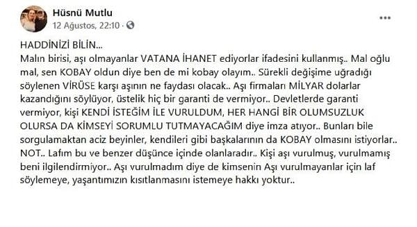 Hüsnü Mutlu, 12 Ağustos'ta sosyal medya hesabından şu paylaşımda bulunmuştu: