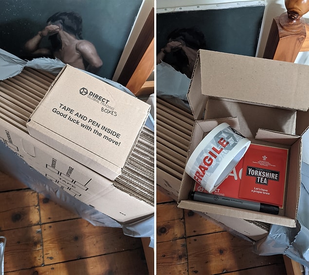 14. Koli satan bir şirket, kolilerin yanına eşya toplarken bir mola verin diye bir paket çay koymuş: