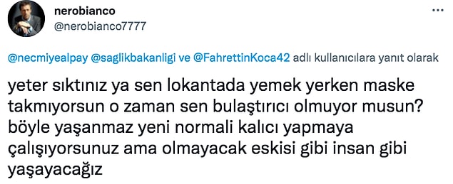 Bu paylaşımın ardından da insanlar Necmiye Alpay'a epey bi tepki gösterdi. Özellikle Fahrettin Koca'ya şikayet etmesi kullanıcıları sinirlendirdi.