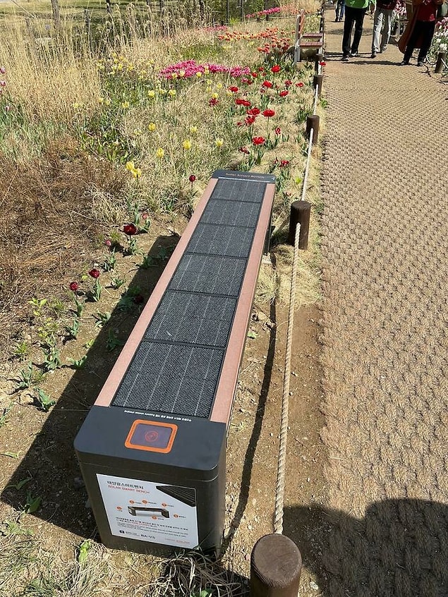 8. Güneş enerjisi toplayan bu bankta, telefonunuzu şarj edebileceğiniz prizler de var.