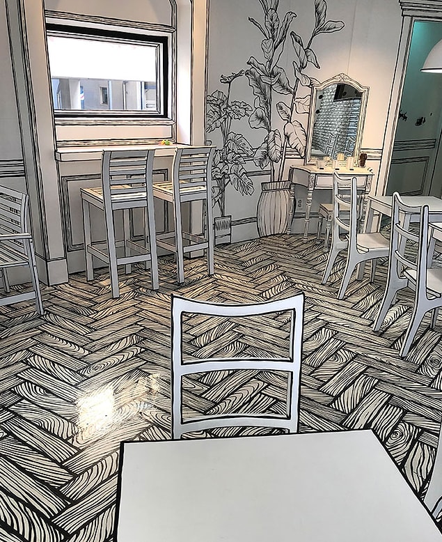 25. Seoul'daki bu 2 boyutlu kafe, gerçeklik algınızla oynuyor.