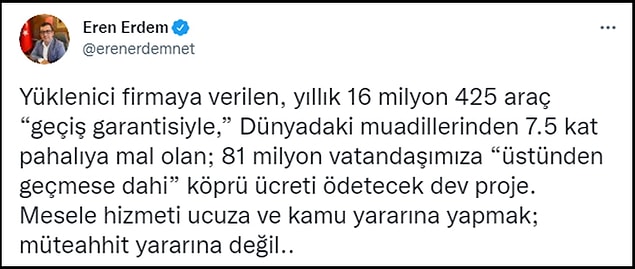 Ayrıca köprünün maliyeti ve geçiş ücreti ile ilgili endişelerini dile getirenler oldu. 👇