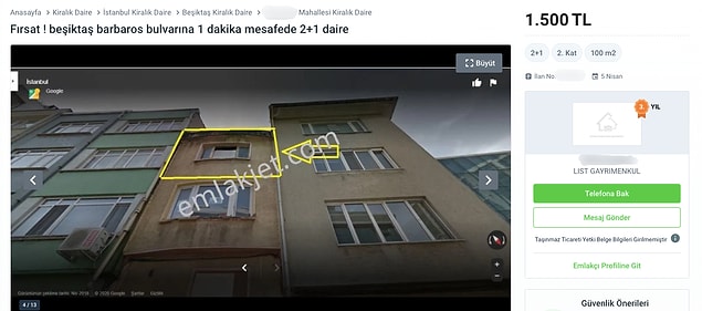 Şimdi sizleri Beşiktaş’ta Barbaros Bulvarı'na yakın 2+1 bir daireye götürelim. İlana göre daire 2+1, 100 metrekare. Kirası da 1500 TL.