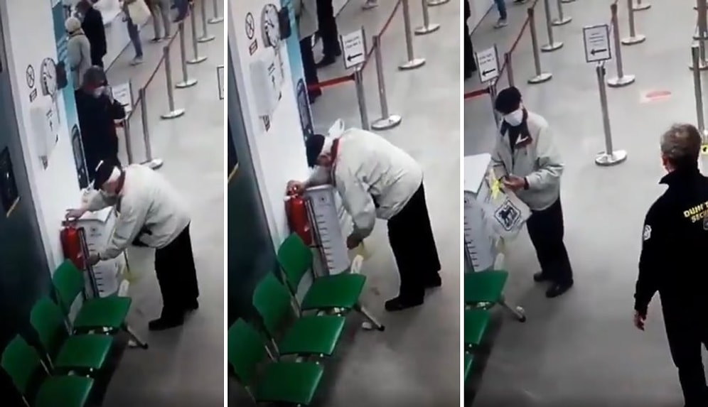 Dezenfektan Sandığı Yangın Söndürme Tüpü ile Elini Temizlemeye Çalışan Dayı