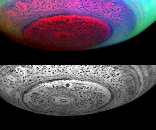 Kuzey kutbundaki altıgen kadar ilginç olmasa da Satürn'ün güney kutbunda da bir girdap var.