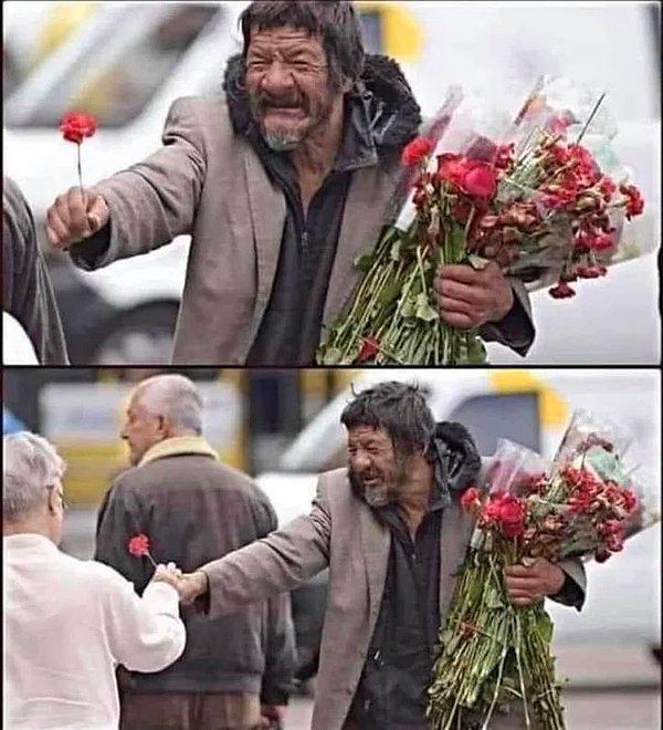 14. Evsiz adam, her gün satılmayan çiçekleri toplayıp sokaktan geçen insanlara gülümseyerek dağıtıyor ve herkesin mutlu olmasını istiyor: