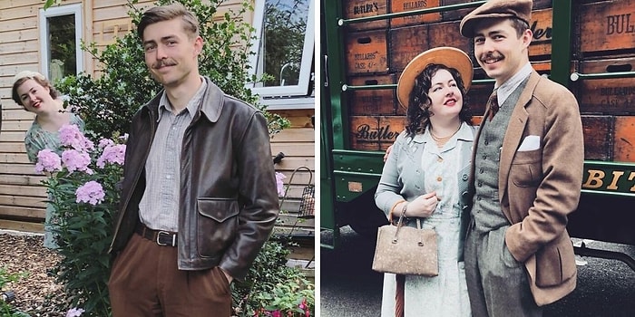Помолвленная молодая пара живет как в 1930-е: винтажная одежда, дом, инструменты и машина (20 фото)