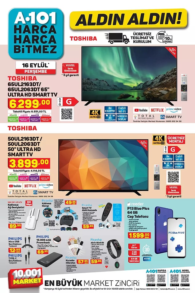 A101'de bu hafta Toshiba 65" Ultra HD Smart Tv 6.299 TL.