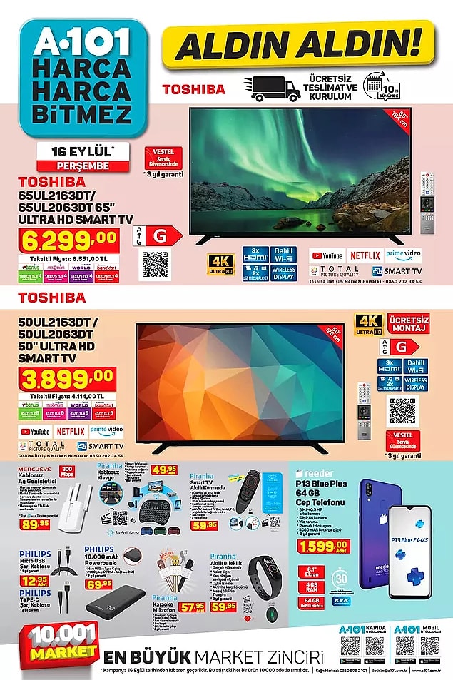 A101'de bu hafta Toshiba 65" Ultra HD Smart TV 6.299 TL.