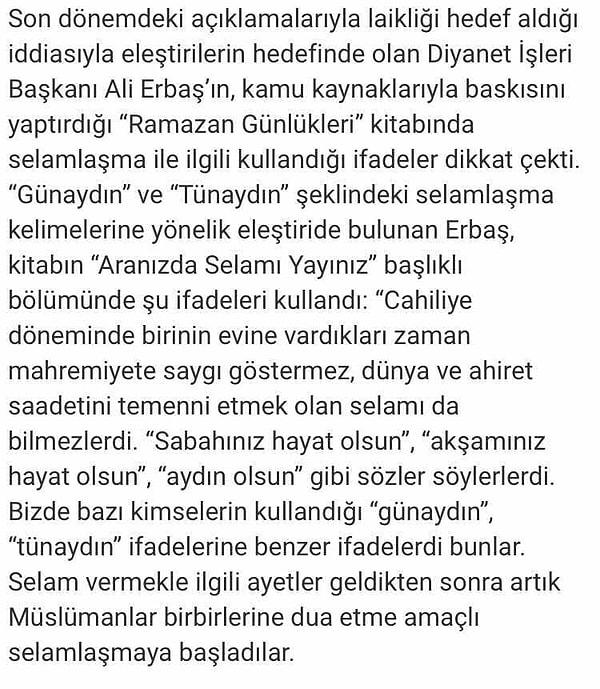 t24'ün haberine göre Erbaş'ın 2019 yılında kamu kaynakları kullanılarak basılan kitabında şu ifadeler bulunuyor.