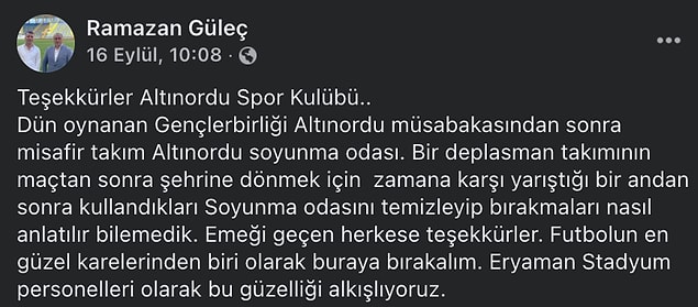 Eryaman Stadyumu Müdürü Ramazan Güleç ve çalışan personeller, Altınordu FK'ya teşekkürlerini gösteren bir paylaşım yaptılar.