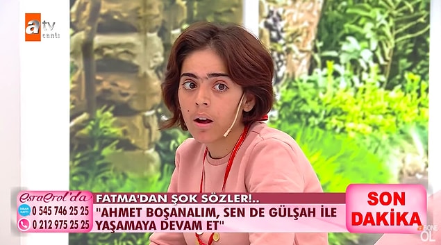 Duyduklarına inanamayan Fatma da canlı yayında Ahmet'e "Ahmet boşanalım, sen de Gülşah ile yaşamaya devam et" diyerek isyan etti.