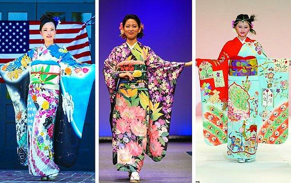 1. Olimpiyat Oyunları sırasında ABD, Güney Afrika ve Hindistan için tasarlanmış kültürel Japon kıyafeti olan kimonalar.
