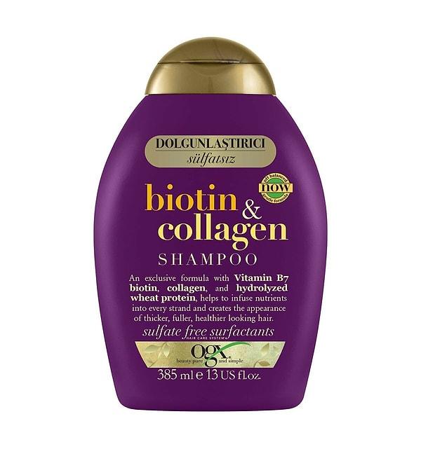 1. Çok sevilen bir şampuan ile başlayalım: OGX Dolgunlaştırıcı Biotin & Kolajen Sülfatsız Şampuan