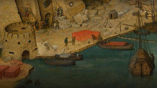 Bruegel, limanda inşaat malzemesi taşıyan işçi detaylarıyla sahip olduğu olağanüstü teknik ve mekanik konularda bilgisini ve yeteneğini gözler önüne seriyor.