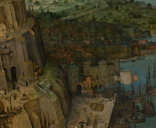Tablonun sağ tarafında gözümüze çarpan Flaman tarzdaki liman kenti ise kulenin gölgesi altında kalmış, binaların boyutları da kulenin ne kadar devasa olduğunu kanıtlıyor.