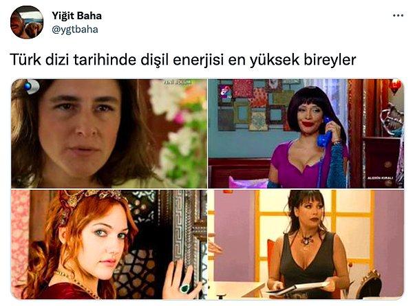 Twitter'da @ygtbaha adlı bir kullanıcı 'Türk dizi tarihinde dişil enerjisi en yüksek bireyler' açıklamalı bu tweeti paylaşınca pek çok Twitter kullanıcısı listede eksik kalan unutulmaz kadın karakterleri paylaşmaya başladılar.