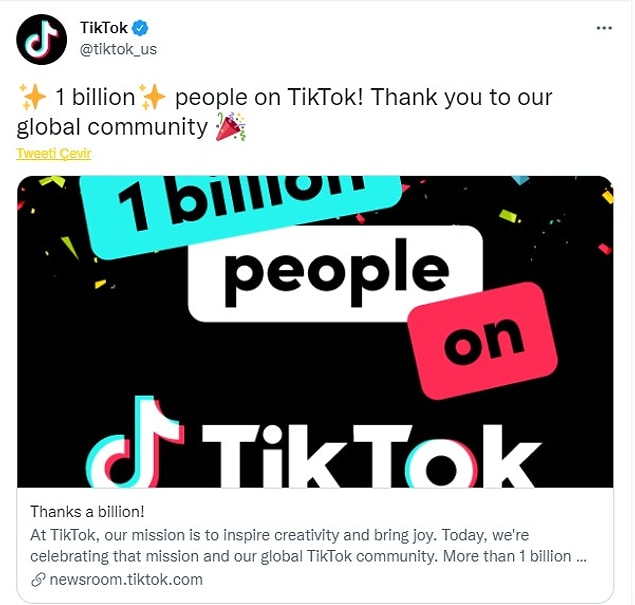 Attığı tweet ile aylık tam 1 milyar kullanıcıya ulaştığını duyuran Çin merkezli video uygulaması yayınladığı açıklamada şu ifadelere yer verdi: