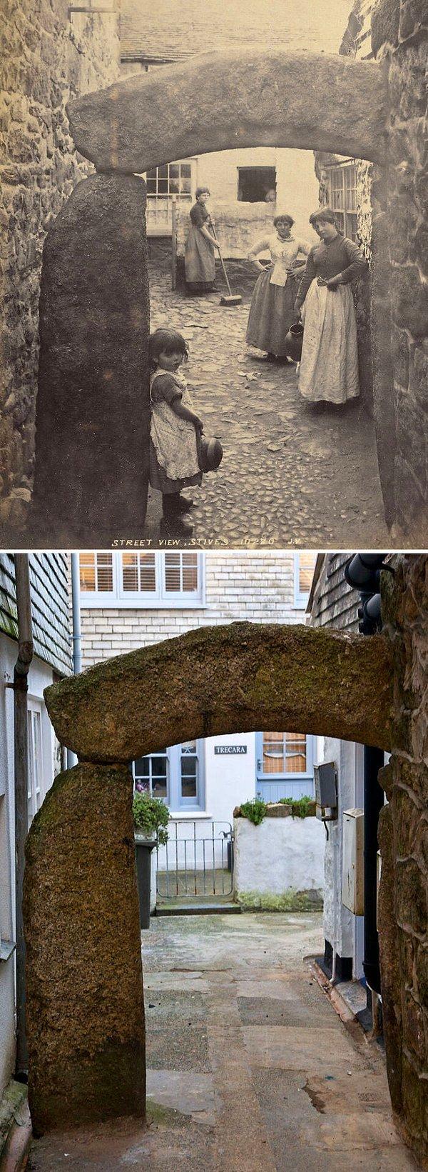 30. 1888 yılından bir fotoğraf ve günümüz, Hick's Court, St Ives, İngiltere