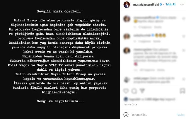 Ünlü Sanatçı Mustafa Keser’in Yayınladığı Mesaj Şu Şekilde;