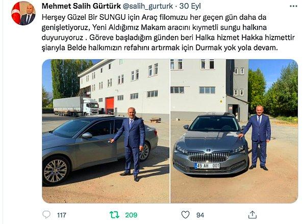 Muş'un Sungu beldesinde belediye başkanlığı görevini yürüten AKP'li Mehmet Salih Gürtürk de bu listeye eklendi. Yeni aldıkları lüks makam aracını gururla "Halka Hizmet" notuyla paylaştı.