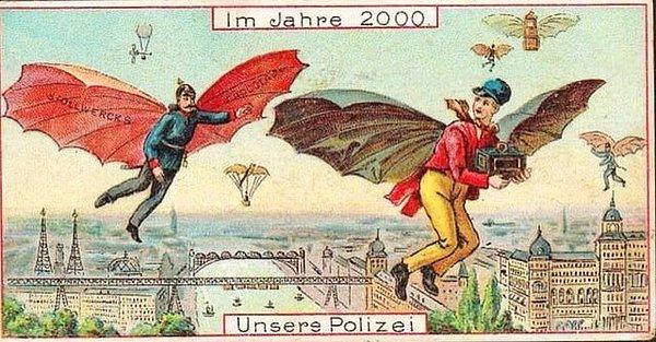12. Almanya'da 1898 yılında çizilen ve 2000 yılına gelindiğinde polislerin nasıl çalışacağını anlatan bir görsel: