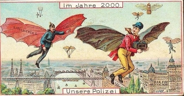 12. Almanya'da 1898 yılında çizilen ve 2000 yılına gelindiğinde polislerin nasıl çalışacağını anlatan bir görsel: