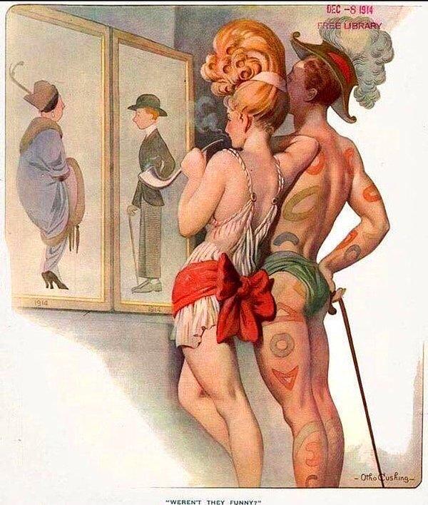 15. 1914 yılına ait bir dergide gelecekteki insanların nasıl giyineceğine dair yapılan bir çizim:
