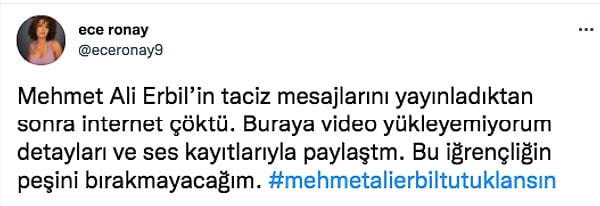 Ve daha sonra Twitter'dan Mehmet Ali Erbil'e ait olduğunu iddia ettiği yazışmaları da paylaştı.